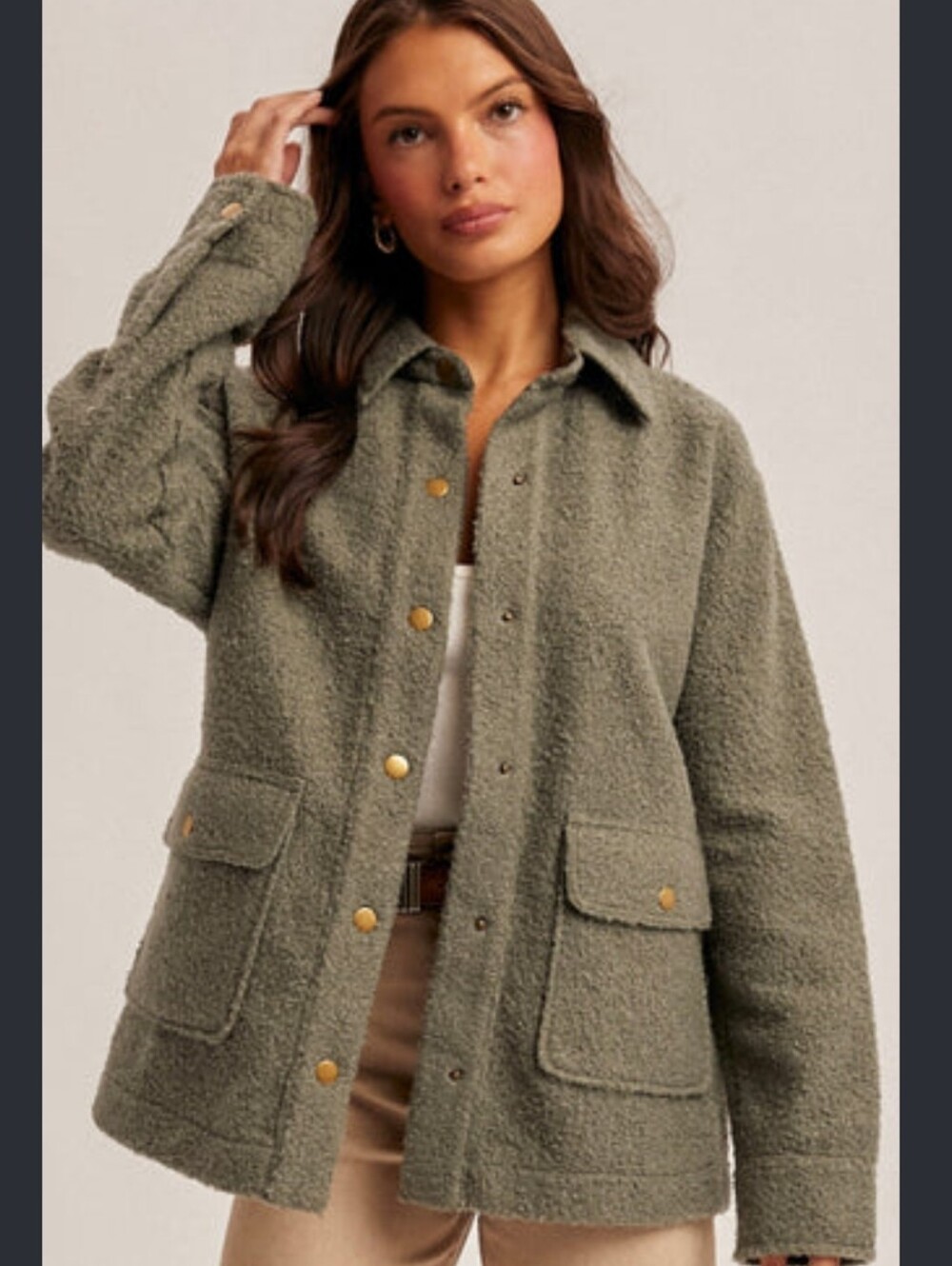 Hem & Thread Olive Green Teddy Jacket with Gold Snaps